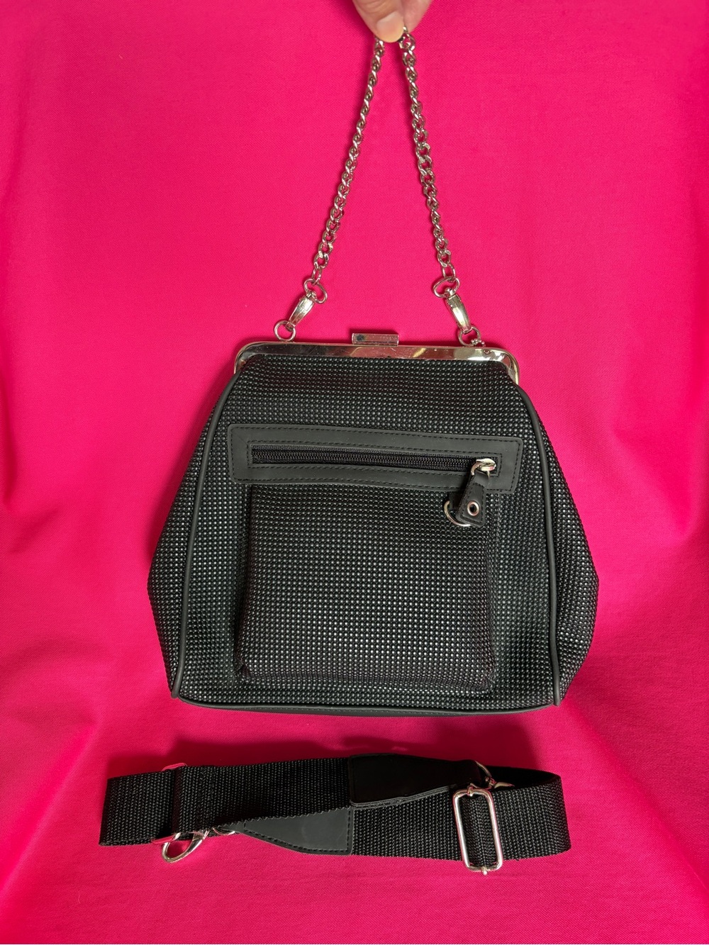 Urban Oxide Black Textured Chain-Handle and Crossbody Women’s Bag